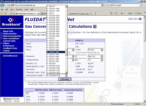 Интерфейс онлайн сервиса FLUIDAT on the Net FOTN компании Bronkhorst