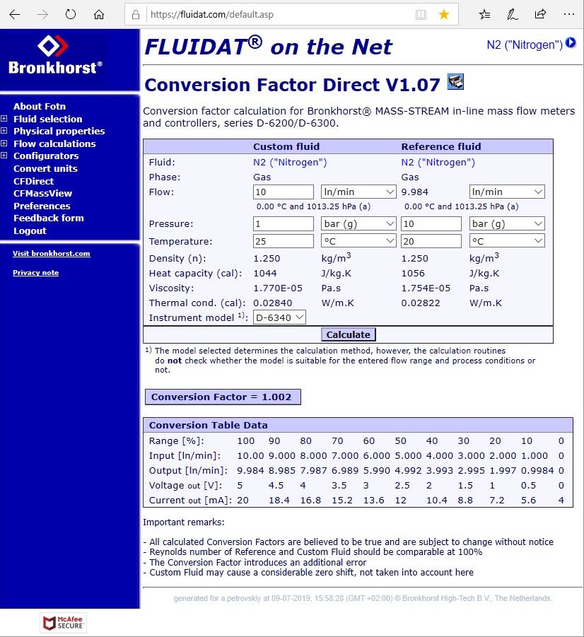 онлайн сервис Fluidat on the Net FOTN для коррекции показаний термоанемометрического расходомера MASS-STREAM