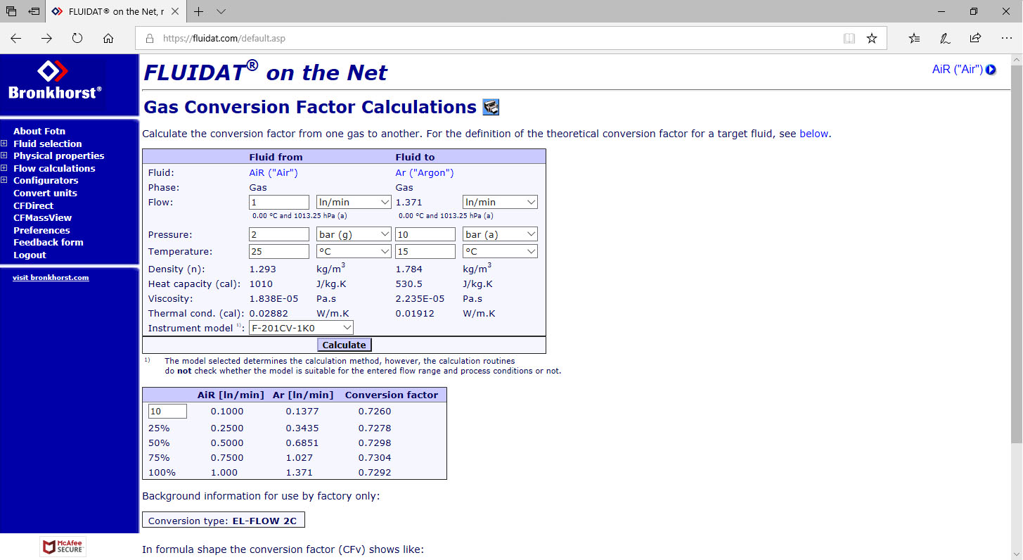 пересчет показаний теплового расходомера Bronkhorst через сервис FLUIDAT on the NET